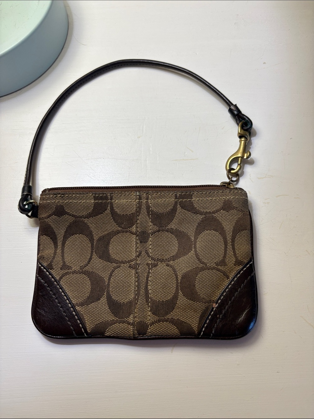 Coach Brown Signature Canvas Wristlet with Dark Leather Trim